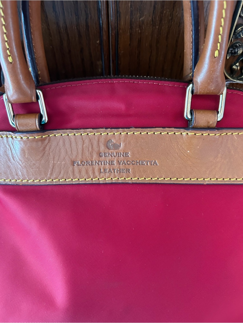 Dooney & Bourke Red Nylon Tote with Tan Leather Trim - Picture 3 of 7